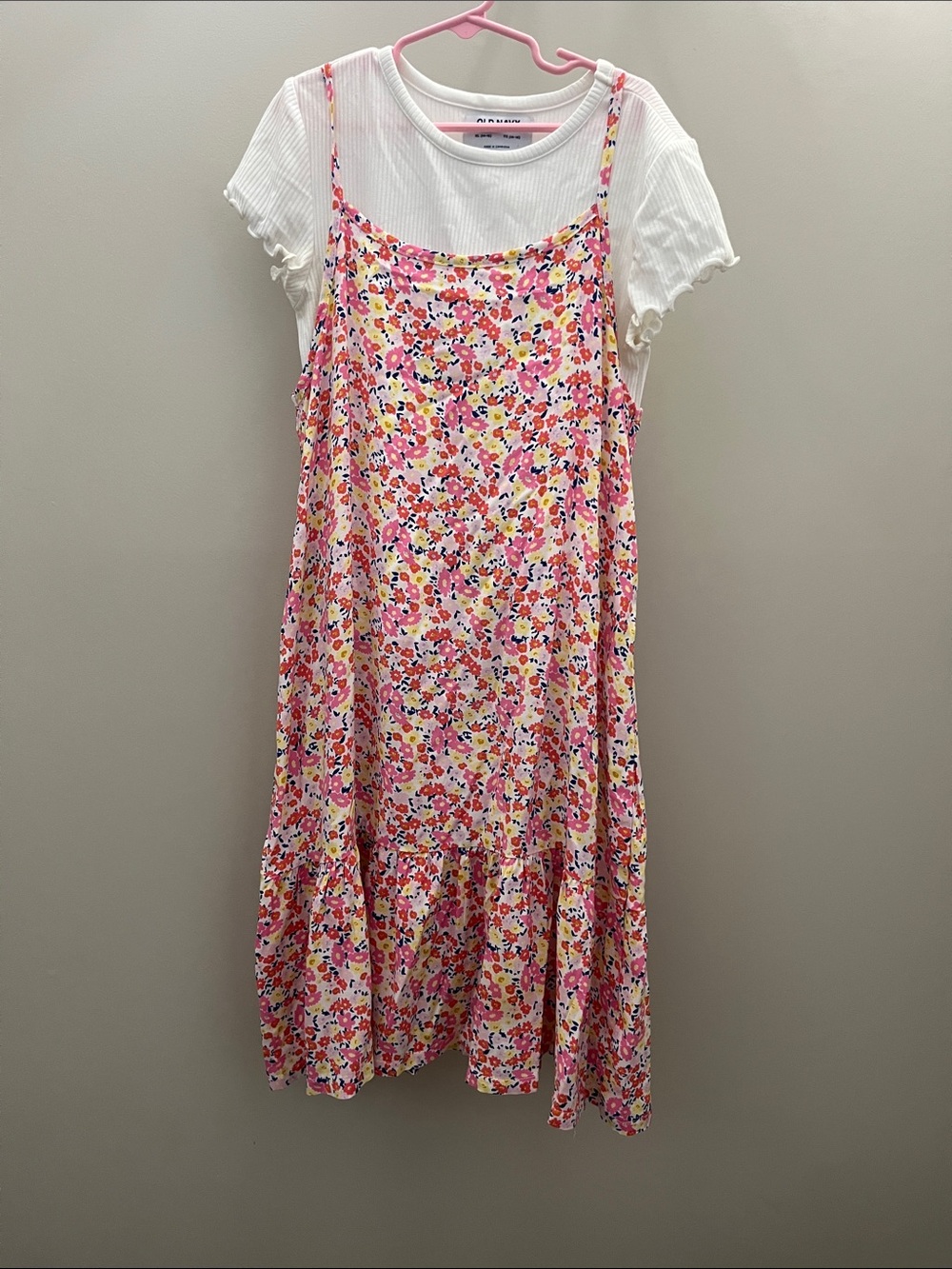 Old Mavy Floral Pink Multicolor Slip Dress with White Tee 14-16